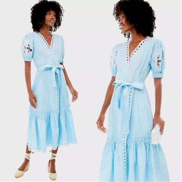 Fanm Mon Blue Linen Cide Wrap Midi Dress Embroidered Puff Sleeve Tuckernuck XS - Picture 1 of 8